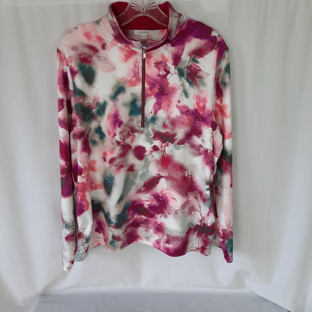 Chico's Women's Athleisure Quarter Zip Sporty Relaxed Fit Top Abstract Print